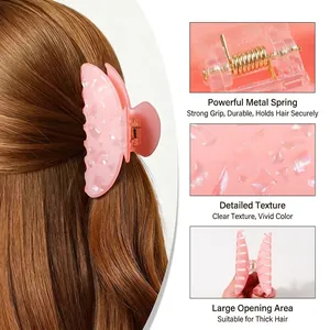 Pink shell texture jelly hair claw clip with strong gold spring for thick hair
