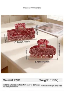 Detailed dimensions of red and white floral PVC hair claws in rectangle and curved shapes