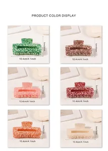 Detailed grid view showing 10.4cm hair claw clips in six speckled acetate color options