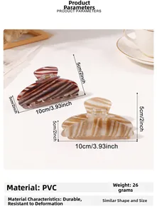 Detailed size specifications of striped pearlescent hair claw clips showing dimensions