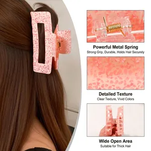Pink floral hair claw clip for thick hair with strong gold metal spring and acetate texture