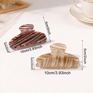 Set of two pearlescent striped hair claws in brown and cream, 10cm length for women