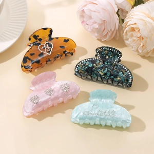 French Retro Acrylic Marble Pattern Hair Claw Clip With Rhinestone Heart Love For Women Elegant Shark Clip Hair Accessories