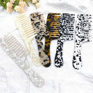 Set of six colorful leopard print acetate hair combs with ergonomic handle design