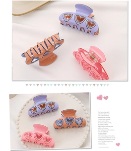 Détails des pinces à cheveux en forme de cœur évidé aux couleurs macaron violet et rose