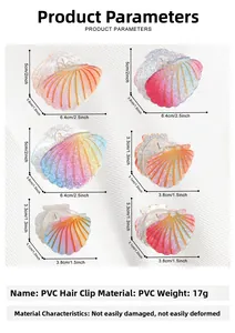 Size chart for colorful shell hair clips in large and small PVC material specifications
