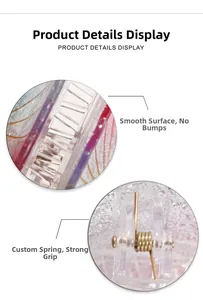 Detail of clear iridescent hair claw with durable golden metal spring mechanism
