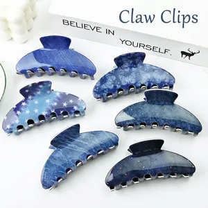 Grande Pince à Cheveux en PVC Bleu Ciel Étoilé Texture Denim Papillon Paisley Marbre Accessoires de Coiffure Faits à la Main pour Femme