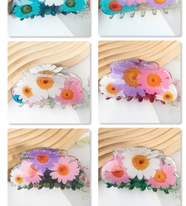 Vue détaillée de pinces à cheveux en acrylique avec motifs de marguerites multicolores