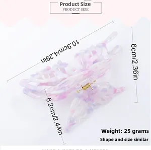 Detailed dimensions of the butterfly hair claw clip in pink marble resin finish