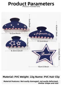 Detailed dimensions for four PVC navy hair claws with pink patterns and logo