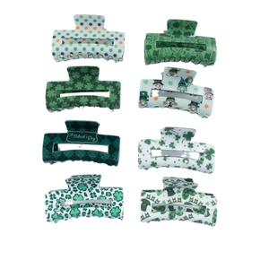 8-piece St. Patrick's Day hair claw clip set featuring green shamrock and gnome patterns