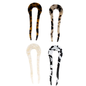 4-pack tortoiseshell acetate U-shaped hair pins with elegant leopard and marble patterns