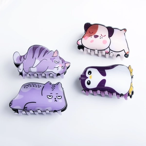 Cute cartoon cat and penguin PVC hair claws set for women with glossy finish