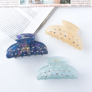 Three-piece colorful acetate hair claw clips with rhinestones in marble patterns