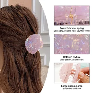 Pink iridescent shell hair claw clip with pearls and strong metal spring for thick hair