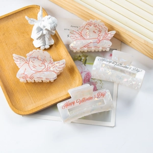 Aesthetic Pearlescent Angel Cupid Hair Claw Clip Valentine's Day Happy Letter Rectangle PVC Hair Accessory For Women