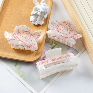 Set of 3 pearl white angel and rectangular hair claws with Happy Valentine's Day text