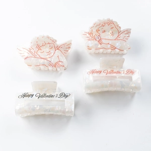 Iridescent angel and rectangular hair claw clips set with Happy Valentine's Day text