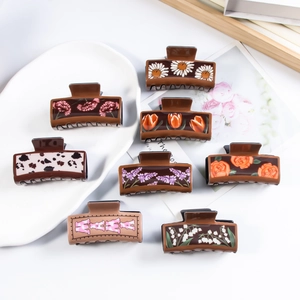 Vintage Square Rectangular Hair Claw Clip For Women Floral Cow Print Letter Design Large Shark Hair Styling Accessories