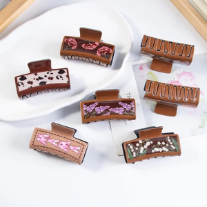 Set of 6 vintage square hair claws with floral patterns and glossy brown finish