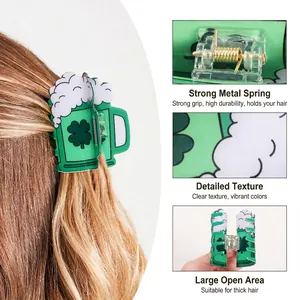 Green St. Patrick's Day beer mug hair claw clip with shamrock design and strong spring