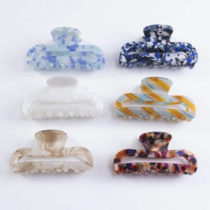 Set of 6 large rectangular hollow PVC hair claws in assorted marble and tortoise patterns