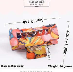 Detailed dimension guide for the 8cm square hair claw with colorful egg patterns