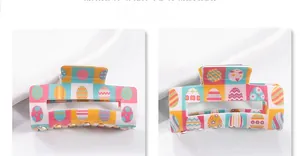 Detail view of rectangular Easter egg hair claw clip with colorful festive patterns