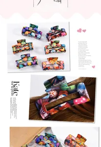 Detail view of acetate square hair claws featuring vintage colorful patterns for women