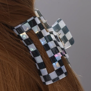 Iridescent black and white checkerboard square hair claw clip for thick hair styling