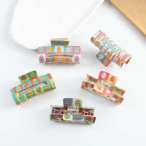 Five-piece set of square PVC hair claws with colorful Easter egg patterns and patterns