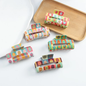 Set of 5 large square Easter egg pattern hair claws in colorful PVC for festive styling