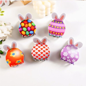 Set of 5 floral Easter bunny hair claws with colorful prints and 3D rabbit ears