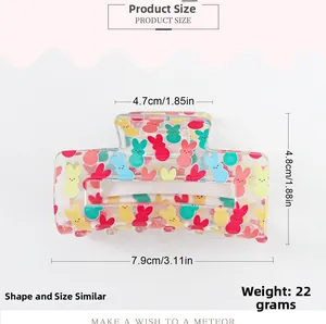 Detailed size specifications for a transparent PVC hair claw clip with colorful rabbit prints