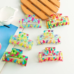 Transparent Acrylic Rectangular Hair Claw Clip With Colorful Bunny Peeps Style Prints Large Cute Fashion Hair Accessory Women Girls