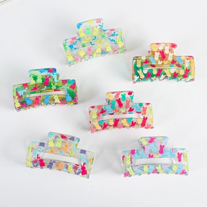 Set of six colorful bunny print transparent resin hair claws for women and girls