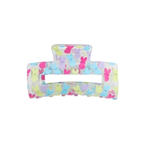 Large square transparent PVC hair claw clip with colorful cartoon rabbit prints