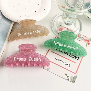 Lot de 3 pinces à cheveux pailletées en acrylique or, vert et rose avec slogans écrits