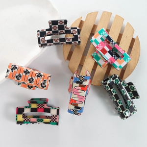 Set of six colorful checkered hair claws in vintage square acetate style for women
