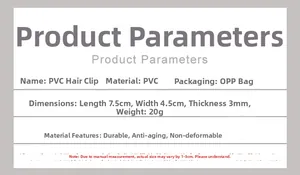Spécifications de la pince à cheveux en PVC avec dimensions 7.5x4.5cm et matériaux