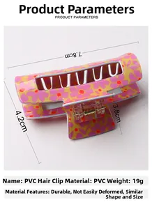 Detail view of pink and purple PVC hair claw clip showing precise 7.8cm size measurements