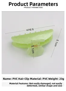 Detail of light green matte hair claw clip with dimensions 9.9cm length and PVC texture
