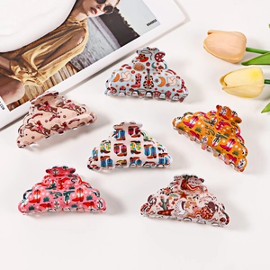 Set of six colorful bohemian acrylic hair claws with cactus and western motifs