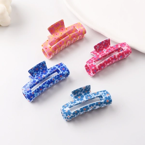 Women Floral Print PVC Hair Claw Clip Sweet Rectangular Hollow Out Large Hair Clip For Thick Hair Styling Accessory