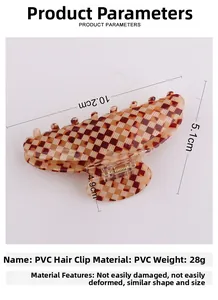 Detailed view of checkered PVC hair claw clip with dimensions 10.2cm by 5.1cm