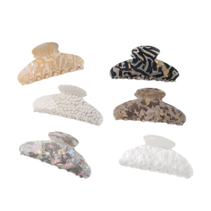 6-piece set of large vintage acetate hair claws with marble and geometric patterns