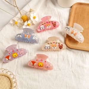Cartoon Animal Pattern PVC Hair Claw Clip Pearlescent Pink Purple Dog Fox Rabbit Floral Hair Accessories For Women Girls