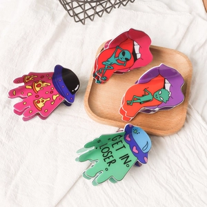 Set of 4 quirky PVC alien spaceship and pizza hair clips in vibrant colors and glossy finish