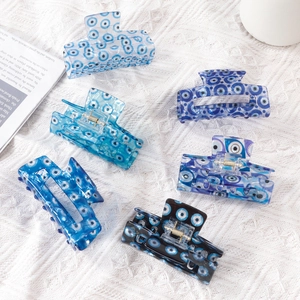 Set of six blue evil eye rectangle hair claws made of high-quality acetate material